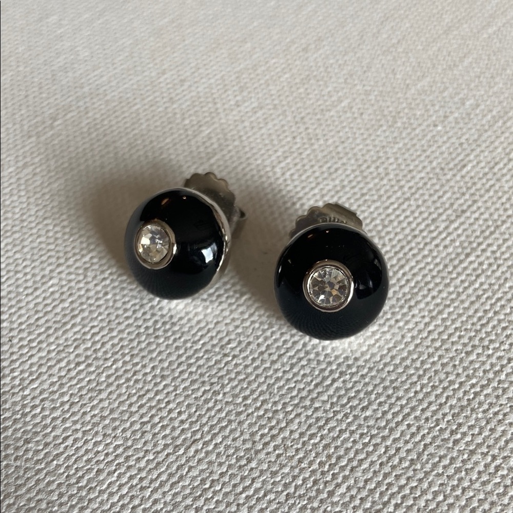 Lia Sophia Token Silver Tone Black Enamel Rhinestone Stud Earrings